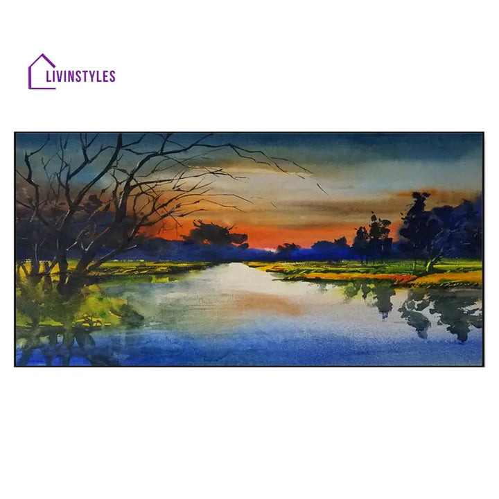 Watercolor Sunset Over Peaceful River Wall Painting