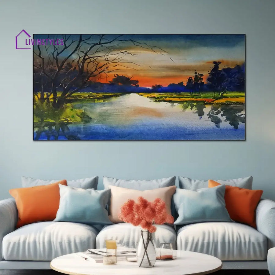 Watercolor Sunset Over Peaceful River Wall Painting