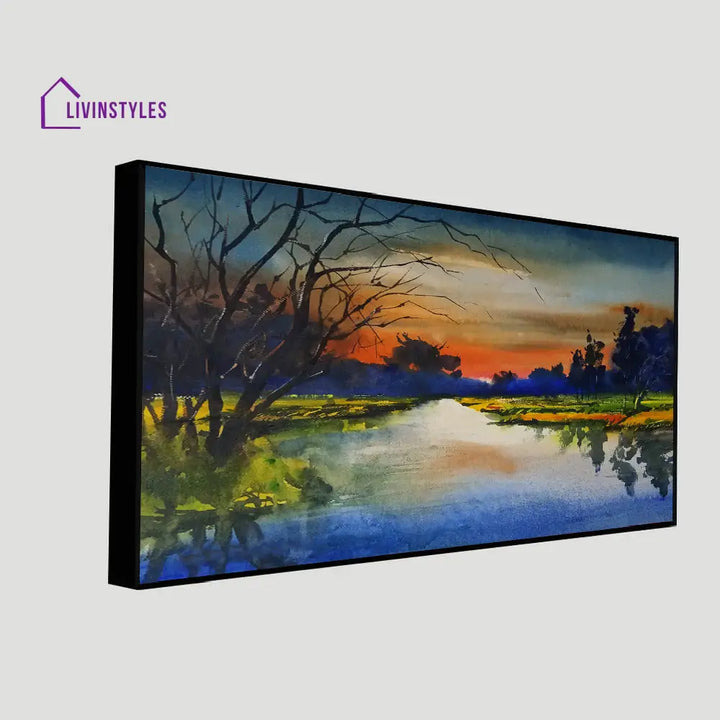 Watercolor Sunset Over Peaceful River Wall Painting