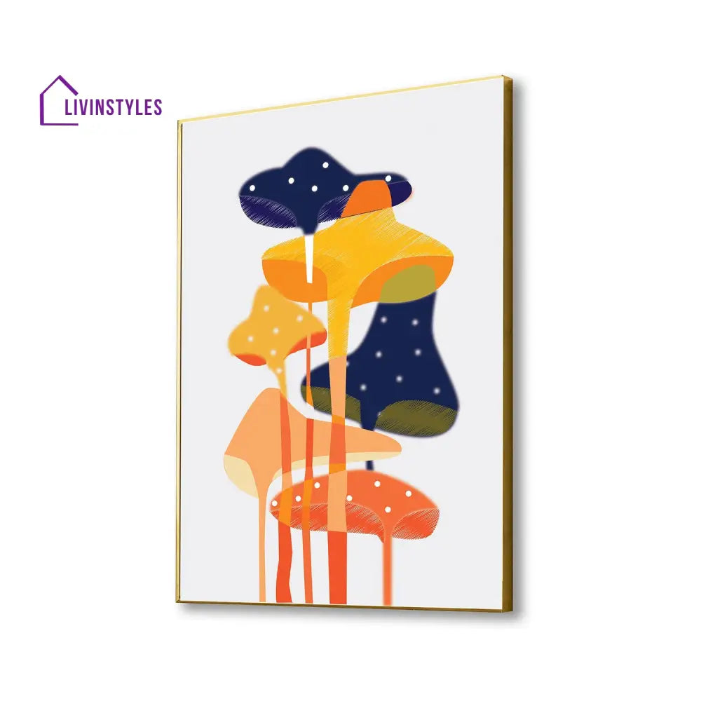 Whimsical Mushroom Canvas Artwork 18 X 24 Inch / Gold Floating Frame Wall Painting