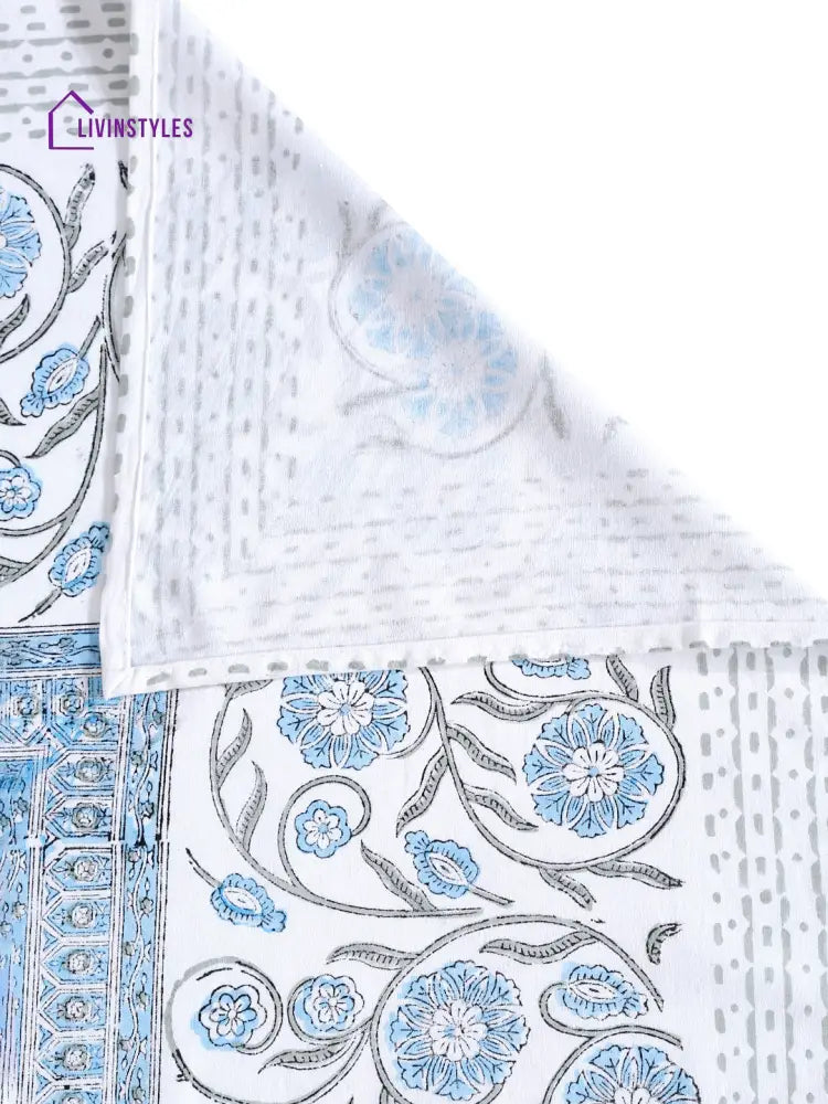 White And Blue 6 Seater Block Printed Cotton Table Cover-60X90 Inch