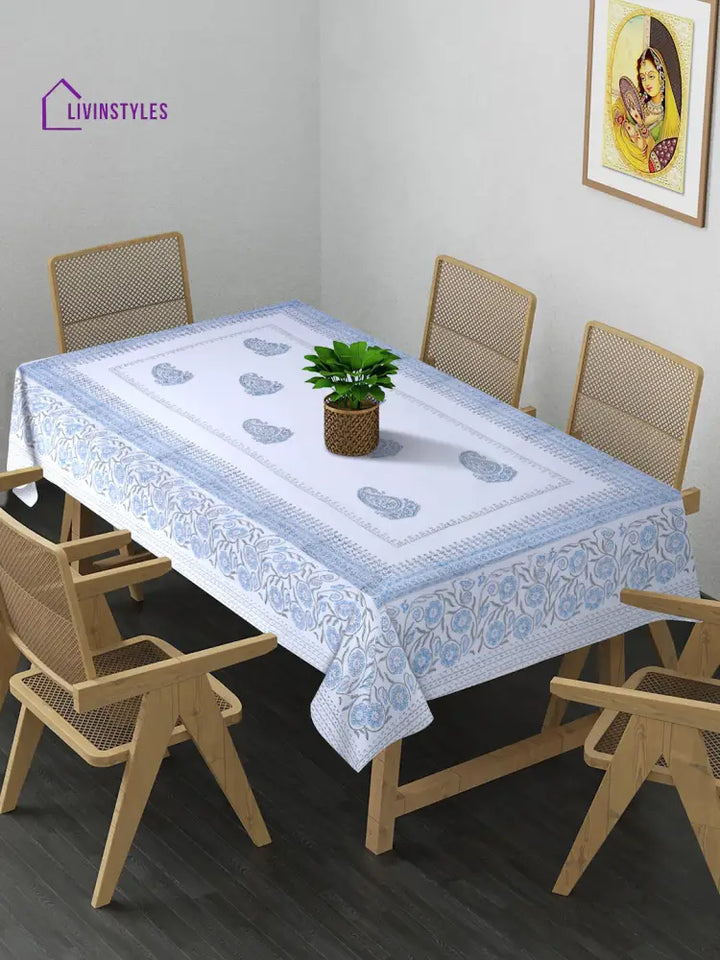 White And Blue 6 Seater Block Printed Cotton Table Cover-60X90 Inch