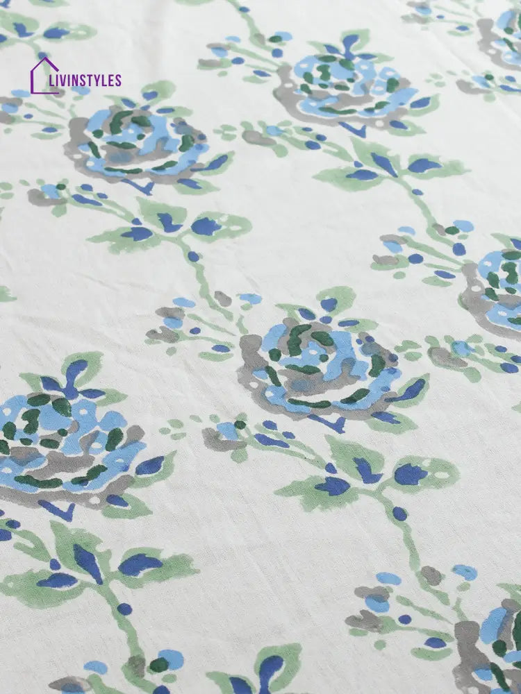 White And Blue 6 Seater Printed Cotton Table Cover (60 X 90 Inch)