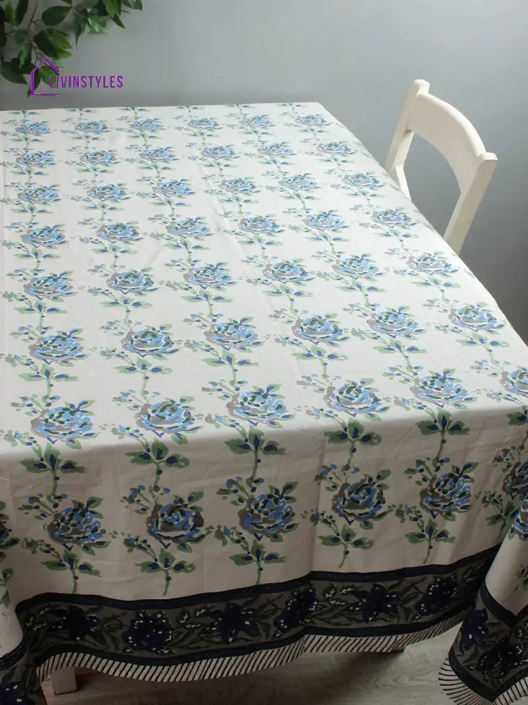 White And Blue 6 Seater Printed Cotton Table Cover (60 X 90 Inch)