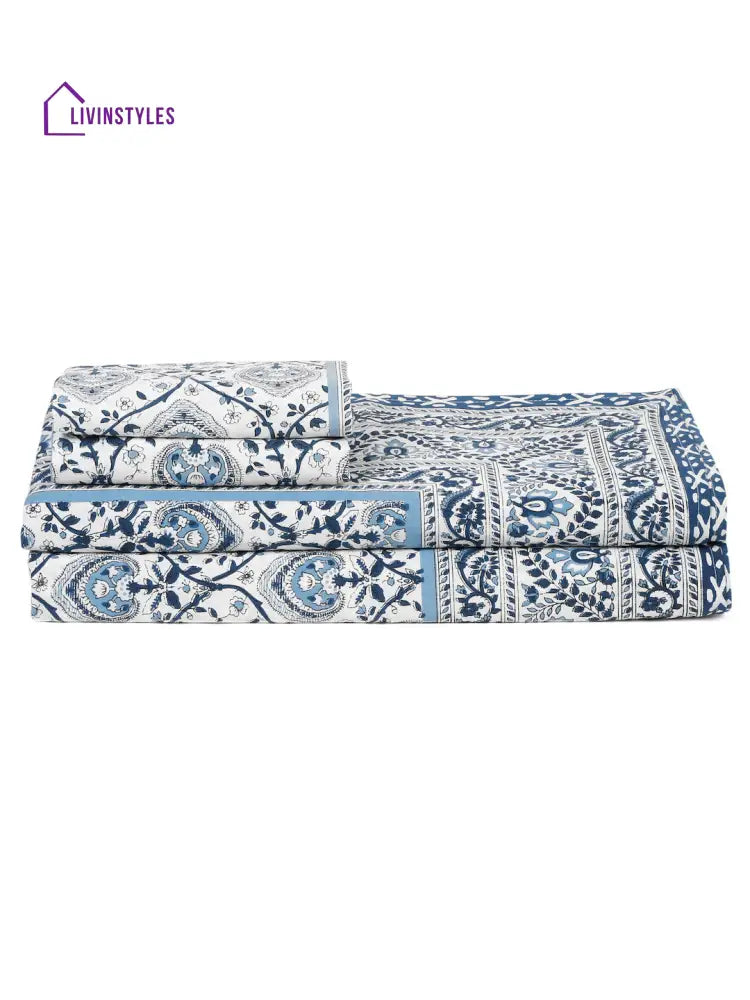 White And Blue Cotton Jaipur Print Floral King Size Bedsheet With 2 Pillow Covers