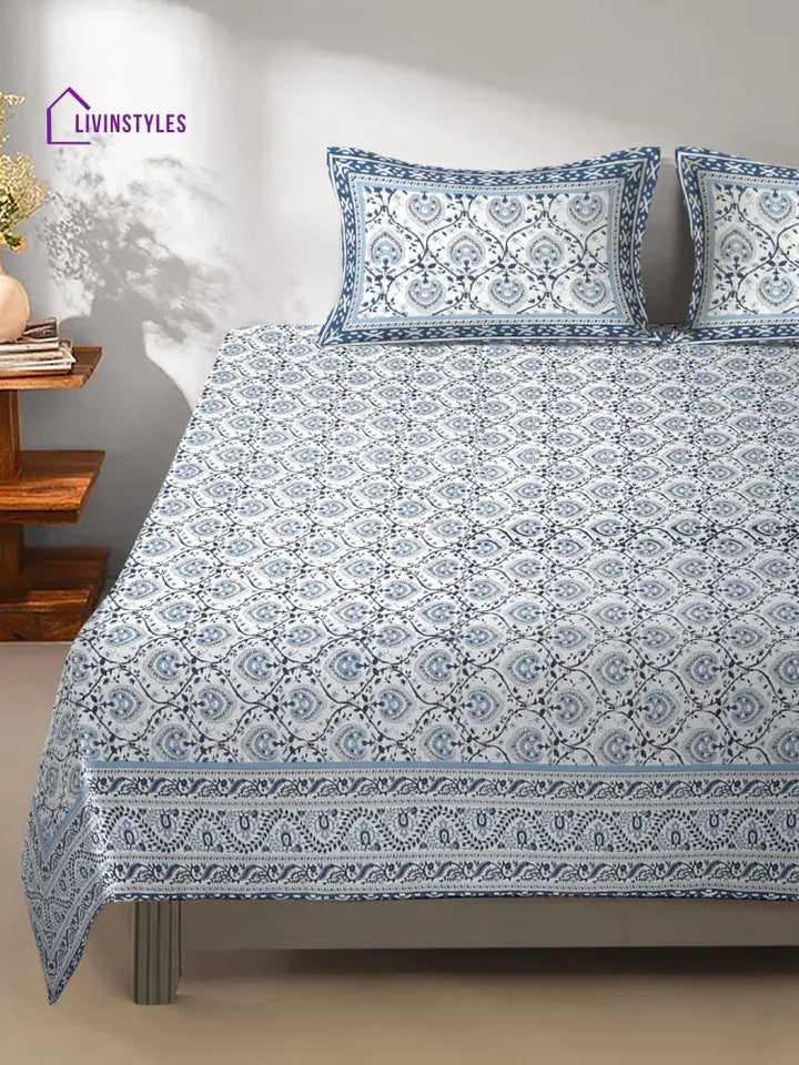 White And Blue Cotton Jaipur Print Floral King Size Bedsheet With 2 Pillow Covers