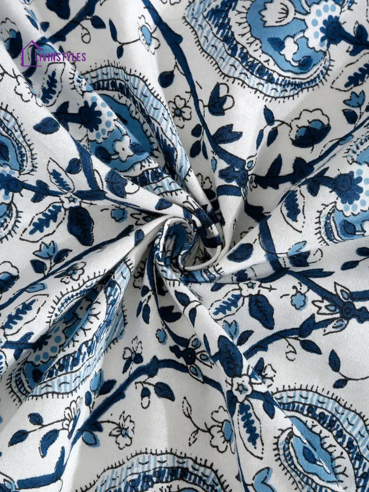 White And Blue Cotton Jaipur Print Floral King Size Bedsheet With 2 Pillow Covers