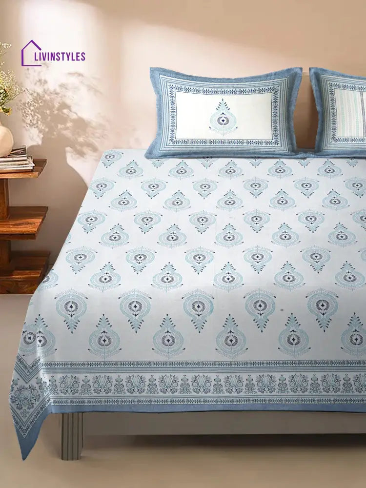 White And Blue Ethnic Motif 180 Tc Cotton Super King Bed Sheet With 2 Pillow Covers