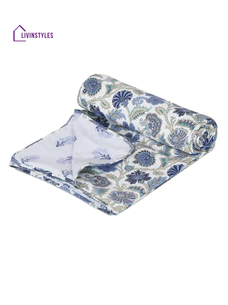 White And Blue Floral Printed 120 Gsm Revesible Cotton Single Bed Ac Dohar