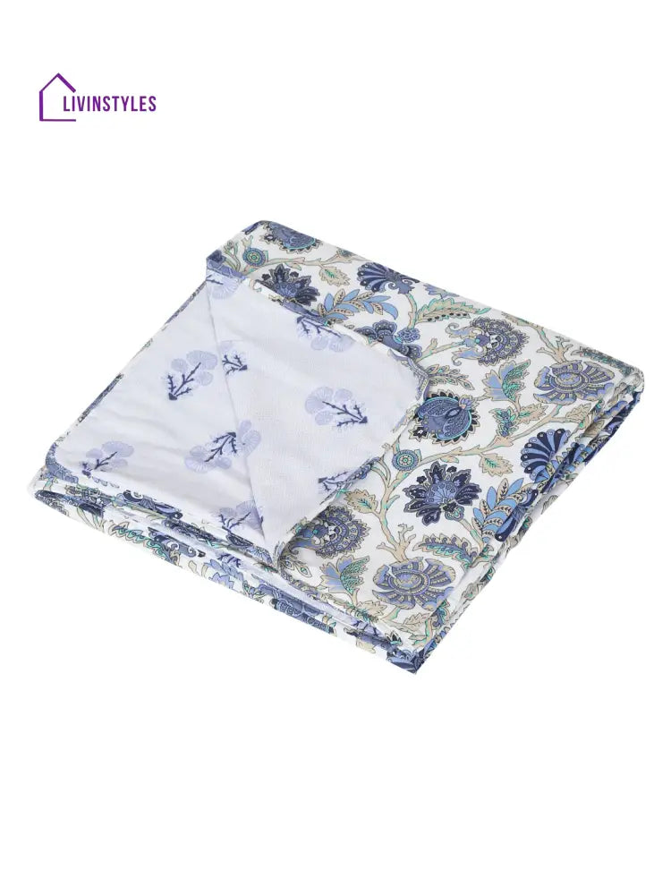 White And Blue Floral Printed 120 Gsm Revesible Cotton Single Bed Ac Dohar