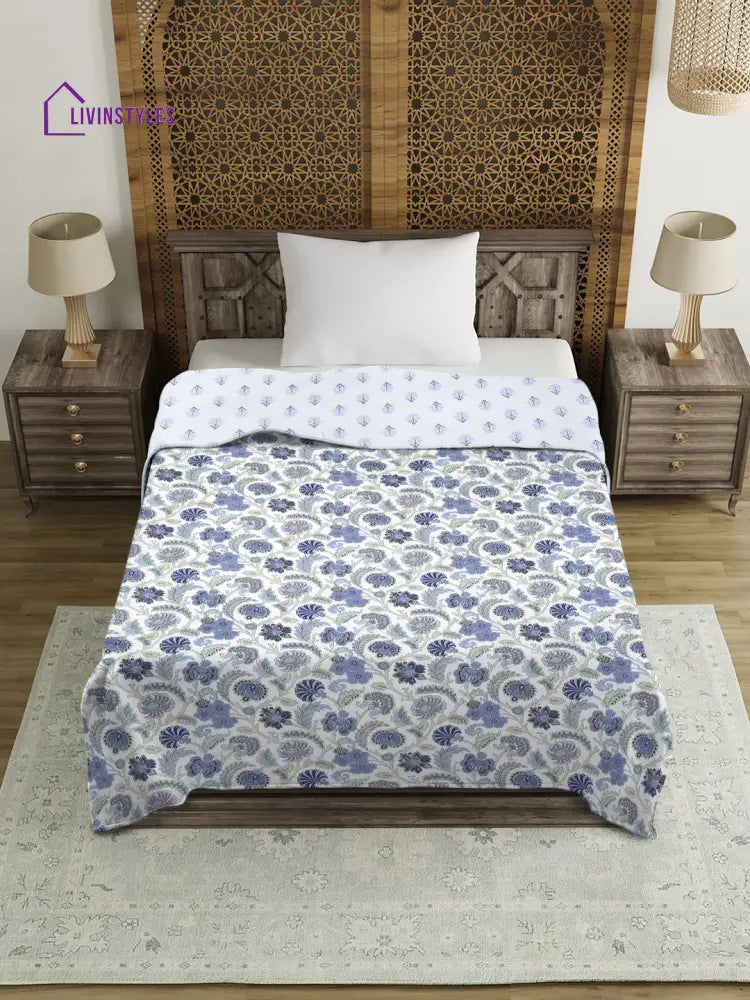 White And Blue Floral Printed 120 Gsm Revesible Cotton Single Bed Ac Dohar