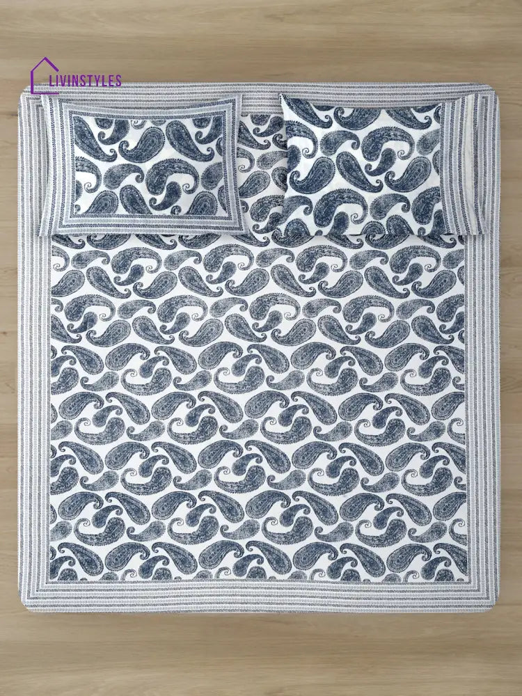 White And Blue Paisley Print 180 Tc Cotton Double Bed Sheet With 2 Pillow Covers