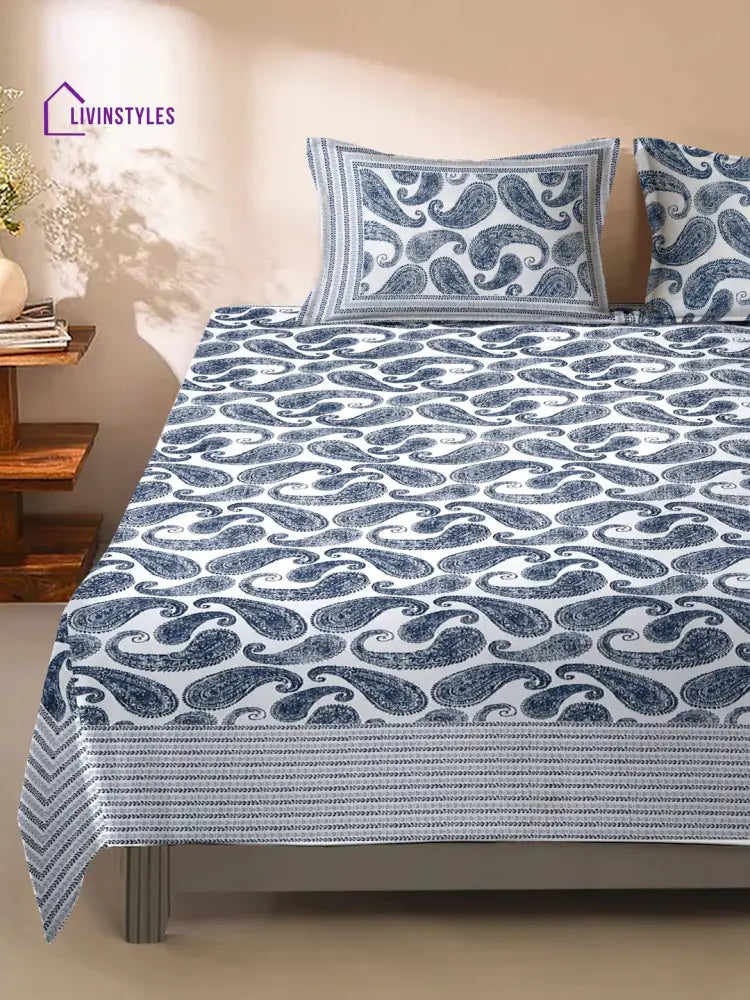 White And Blue Paisley Print 180 Tc Cotton Double Bed Sheet With 2 Pillow Covers