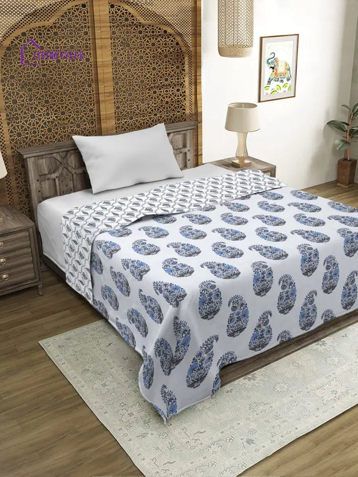 White And Blue Printed 120 Gsm Revesible Cotton Single Bed Ac Dohar