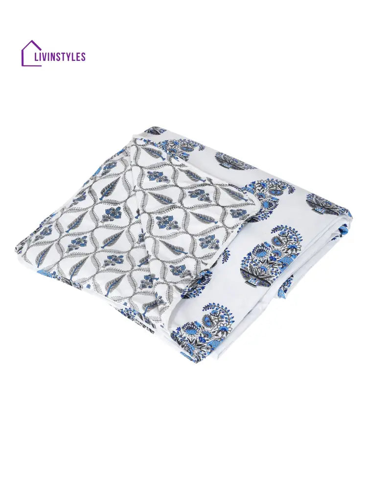 White And Blue Printed 120 Gsm Revesible Cotton Single Bed Ac Dohar