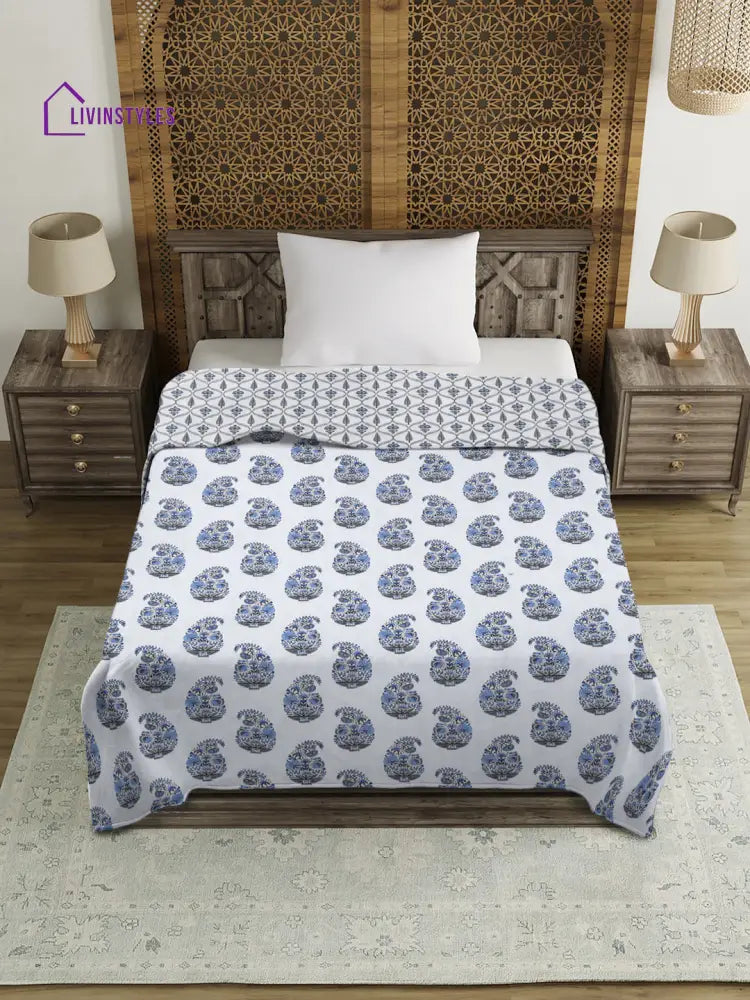 White And Blue Printed 120 Gsm Revesible Cotton Single Bed Ac Dohar