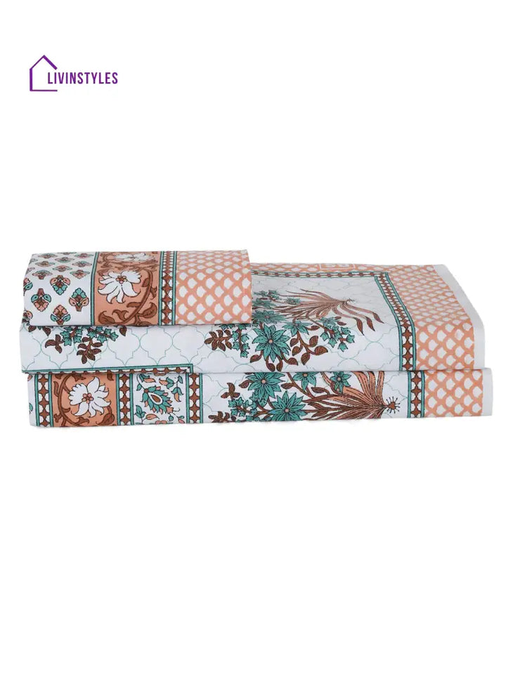 White And Brown Floral Print 144 Tc Cotton Single Bed Sheet With 1 Pillow Cover