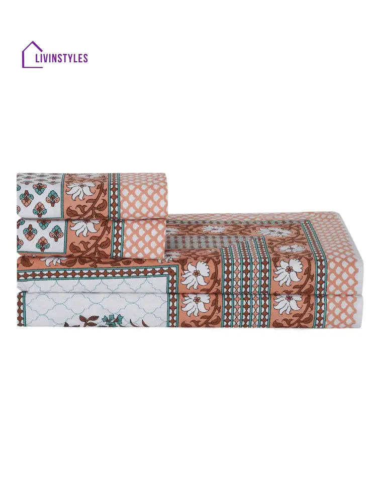 White And Copper Screen Jaipuri Indie Print 180 Tc Cotton Double Bed Sheet With 2 Pillow Covers