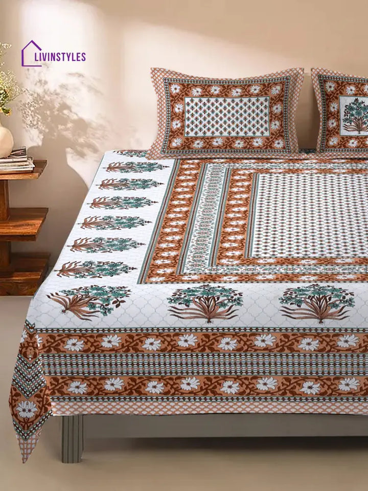 White And Copper Screen Jaipuri Indie Print 180 Tc Cotton Double Bed Sheet With 2 Pillow Covers