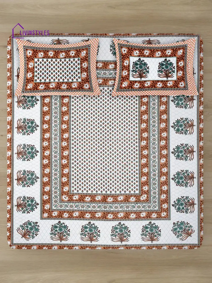 White And Copper Screen Jaipuri Indie Print 180 Tc Cotton Double Bed Sheet With 2 Pillow Covers