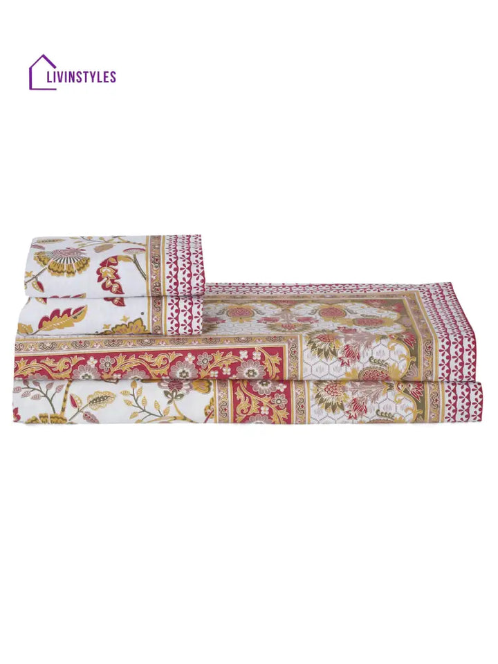 White And Gold Cotton Floral Print King Bed Sheet With 2 Pillow Covers