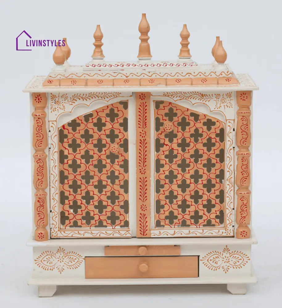 White And Gold Mango Wood & MDF Pooja Mandir With Door, - Ouch Cart 