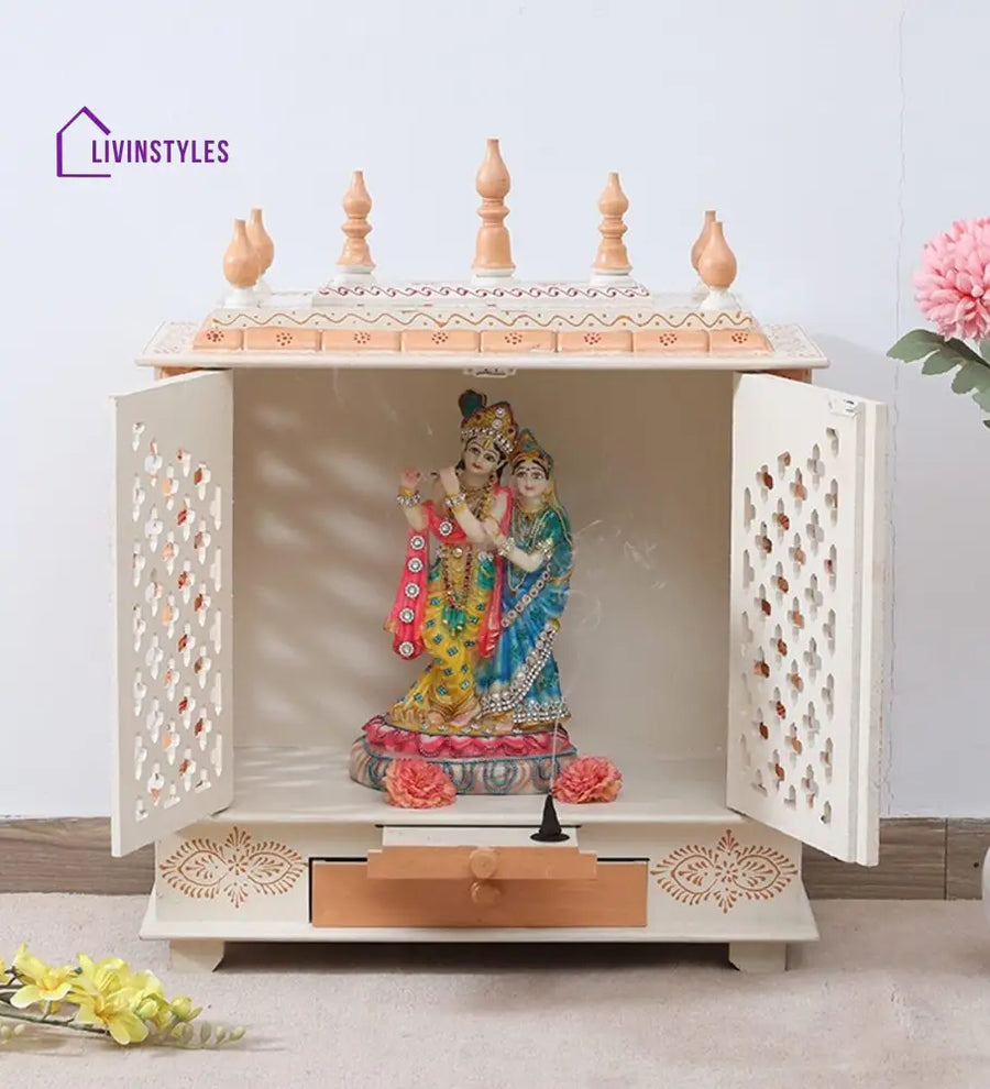 White And Gold Mango Wood & MDF Pooja Mandir With Door, - Ouch Cart 