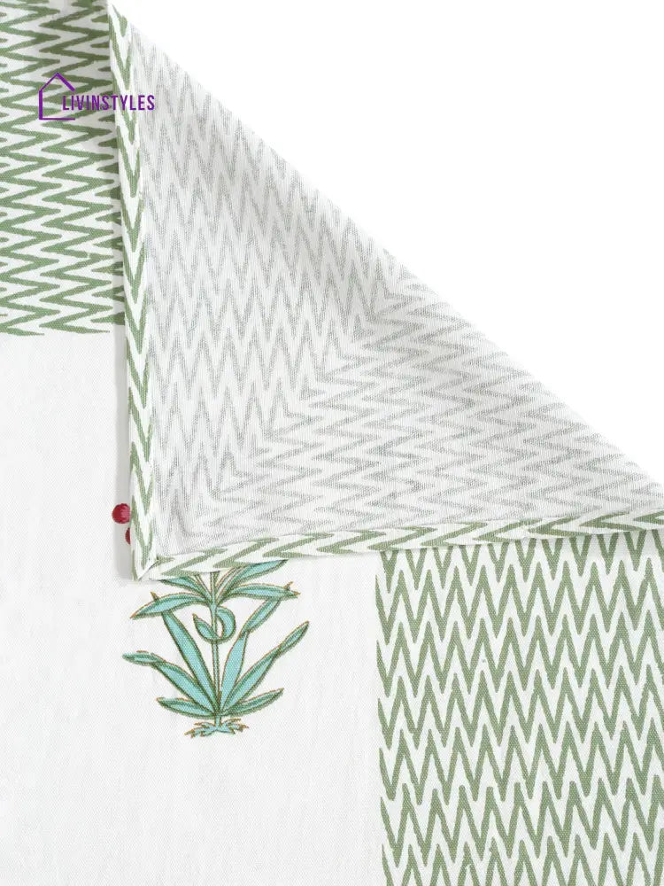 White And Green 6 Seater Block Printed Floral Boota Cotton Table Cover-60X90 Inch