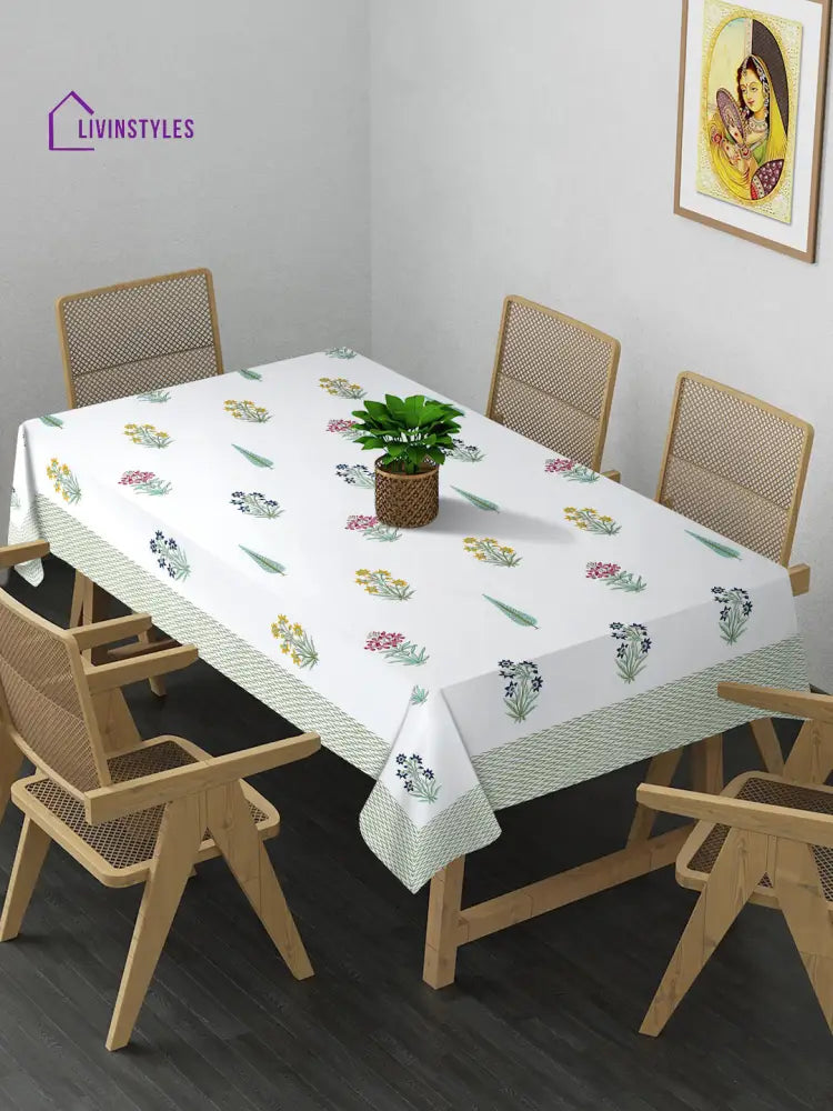 White And Green 6 Seater Block Printed Floral Boota Cotton Table Cover-60X90 Inch