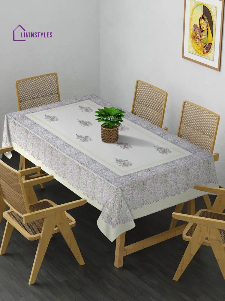 White And Green 6 Seater Printed Cotton Table Cover (60 X 90 Inch)