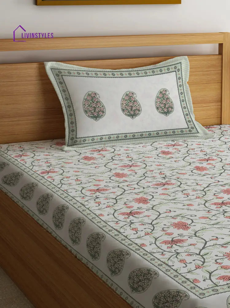 White And Green Cotton Jaipuri Floral Single Bed Sheet With 1 Pillow Cover