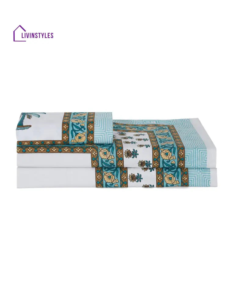 White And Green Ethnic Motif Print 144 Tc Cotton Single Bed Sheet With 1 Pillow Cover