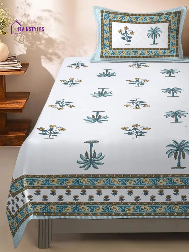 White And Green Ethnic Motif Print 144 Tc Cotton Single Bed Sheet With 1 Pillow Cover