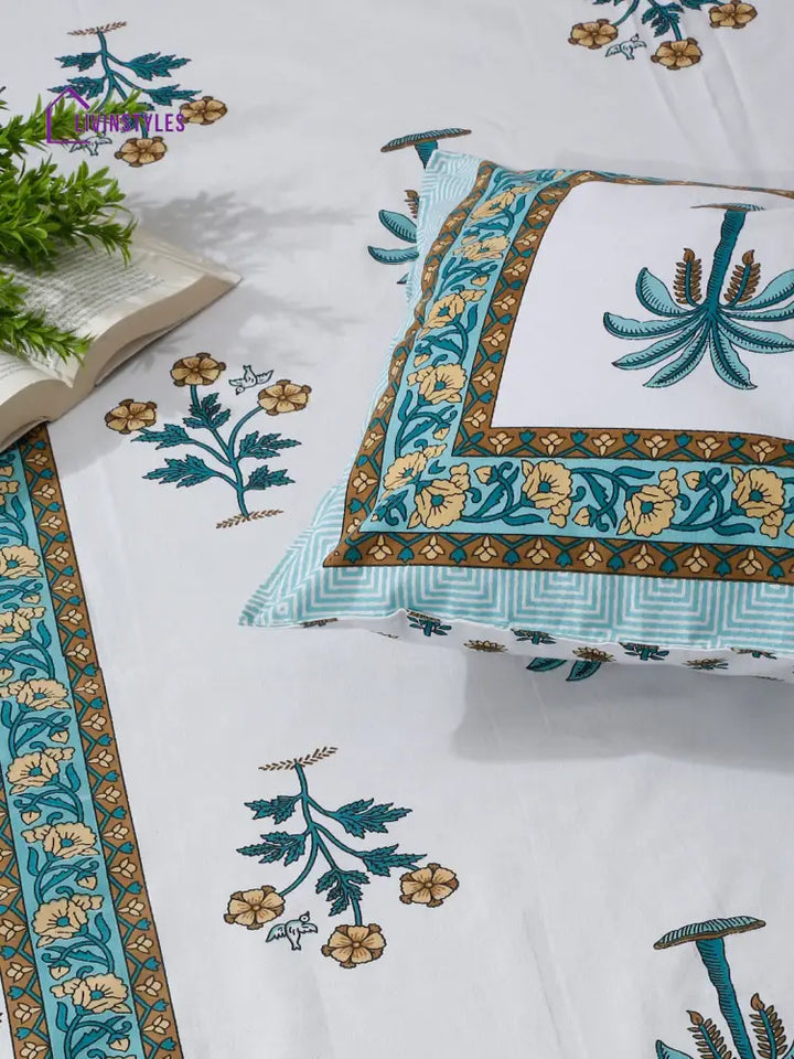 White And Green Ethnic Motif Print 144 Tc Cotton Single Bed Sheet With 1 Pillow Cover