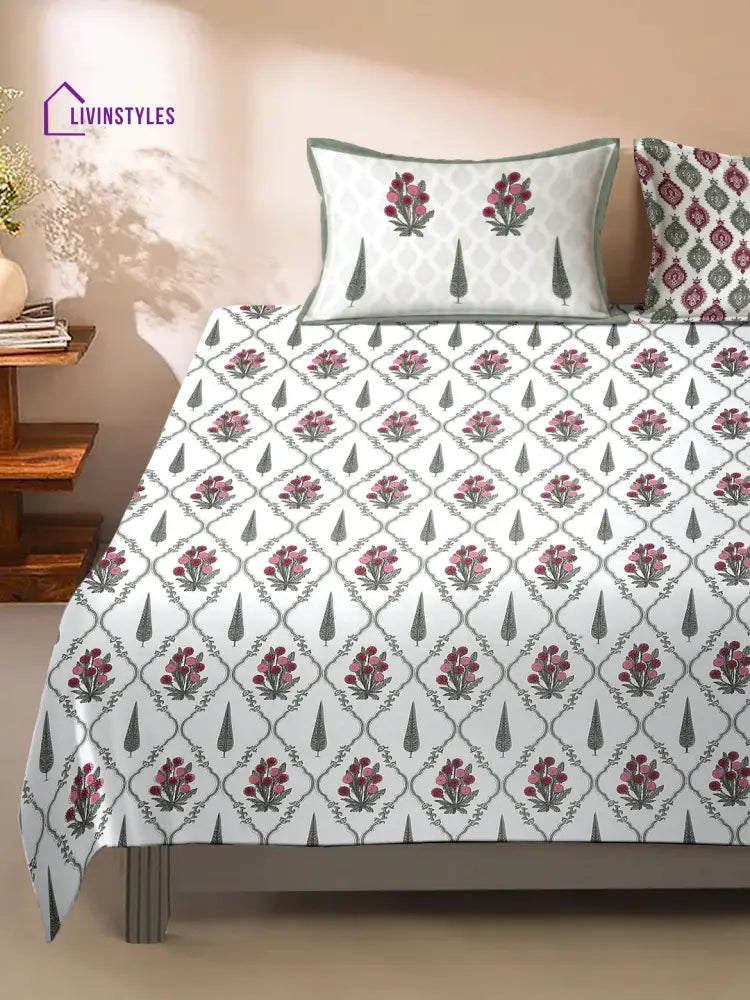 White And Green Ethnic Motifs Print 180 Tc King Bed Sheet With 2 Pillow Covers