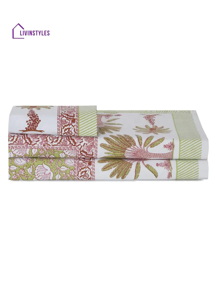 White And Green Floral Print 144 Tc Cotton Single Bed Sheet With 1 Pillow Cover