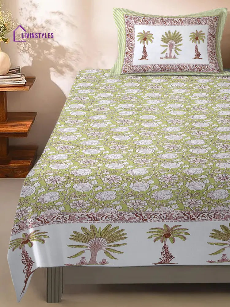 White And Green Floral Print 144 Tc Cotton Single Bed Sheet With 1 Pillow Cover