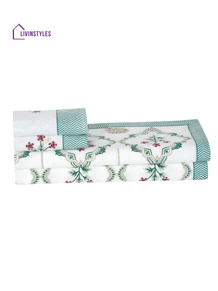 White And Green Floral Print 180 Tc Super King Bed Sheet With 2 Pillow Covers