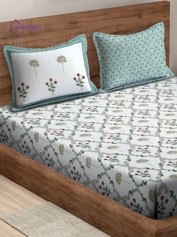 White And Green Floral Print 180 Tc Super King Bed Sheet With 2 Pillow Covers