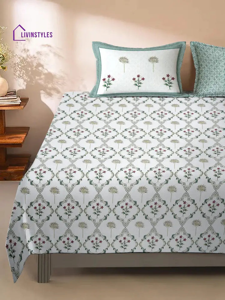 White And Green Floral Print 180 Tc Super King Bed Sheet With 2 Pillow Covers