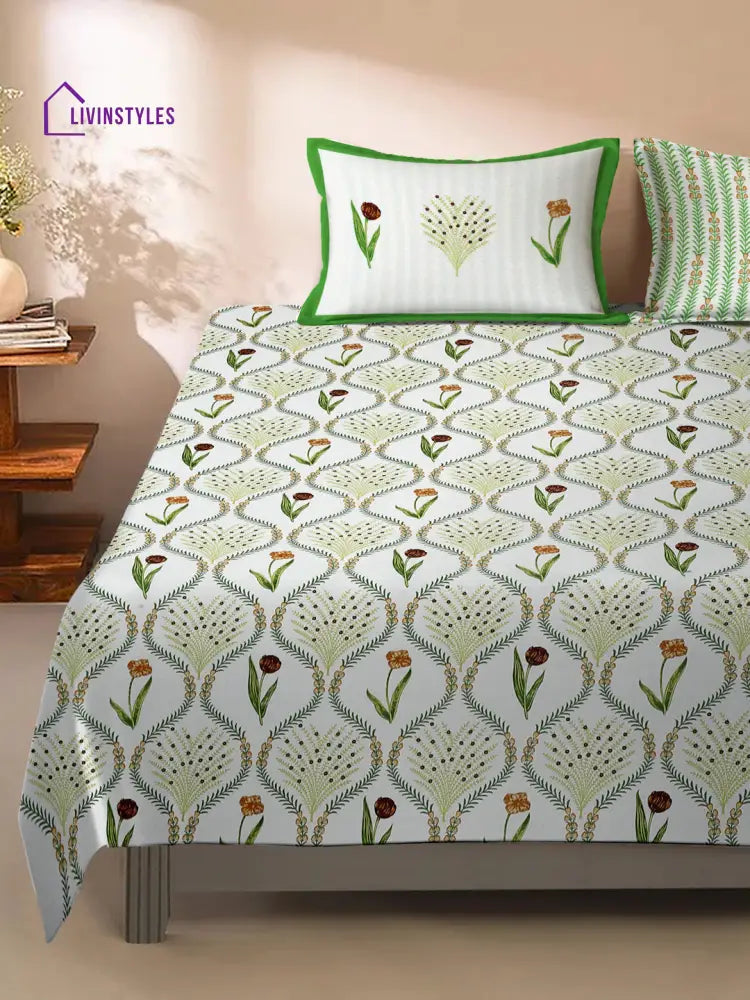 White And Green Floral Print Cotton King Size Bed Sheet With 2 Pillow Covers