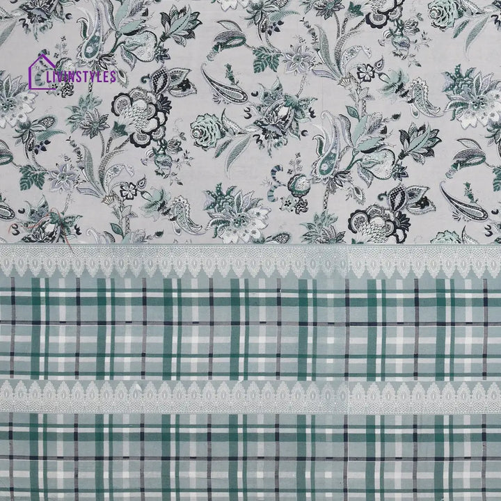 White And Green Floral Print Super King Cotton Bed Sheet With 2 Pillow Covers