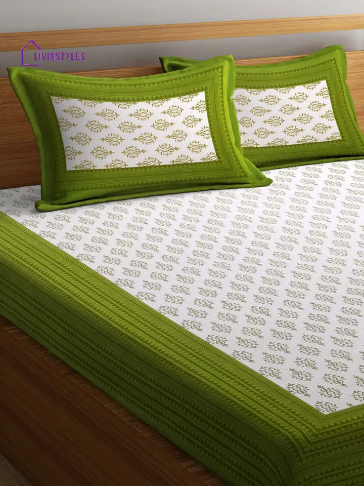 White And Green Sanganeri Block Print Double Bedsheet With 2 Pillow Covers