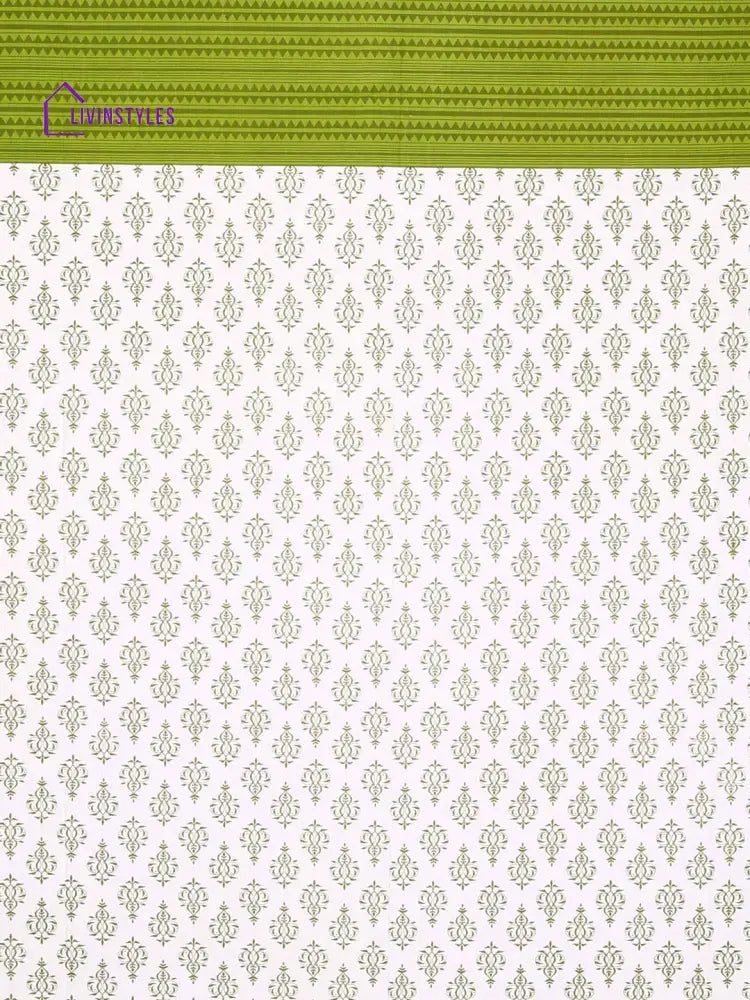 White And Green Sanganeri Block Print Double Bedsheet With 2 Pillow Covers