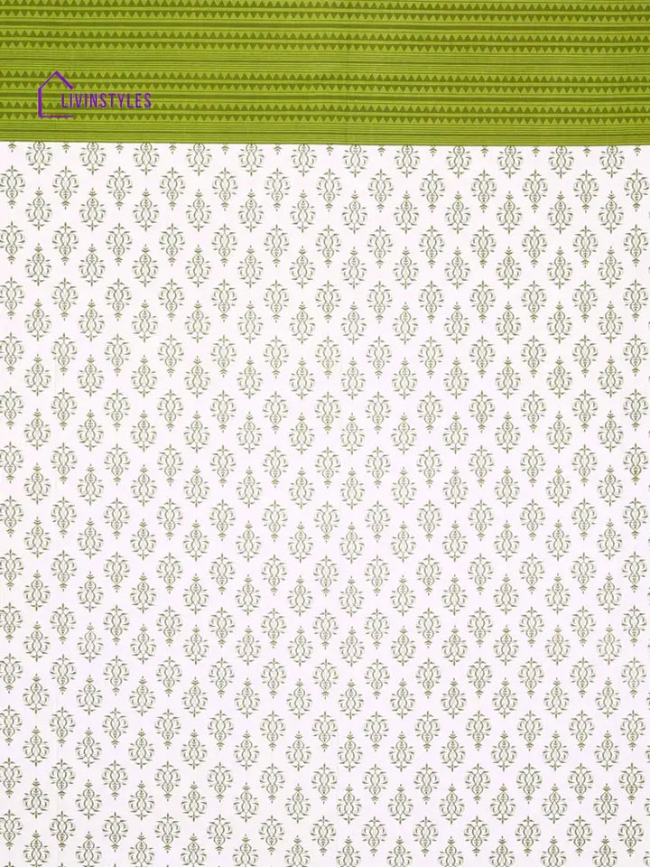 White And Green Sanganeri Block Print Double Bedsheet With 2 Pillow Covers