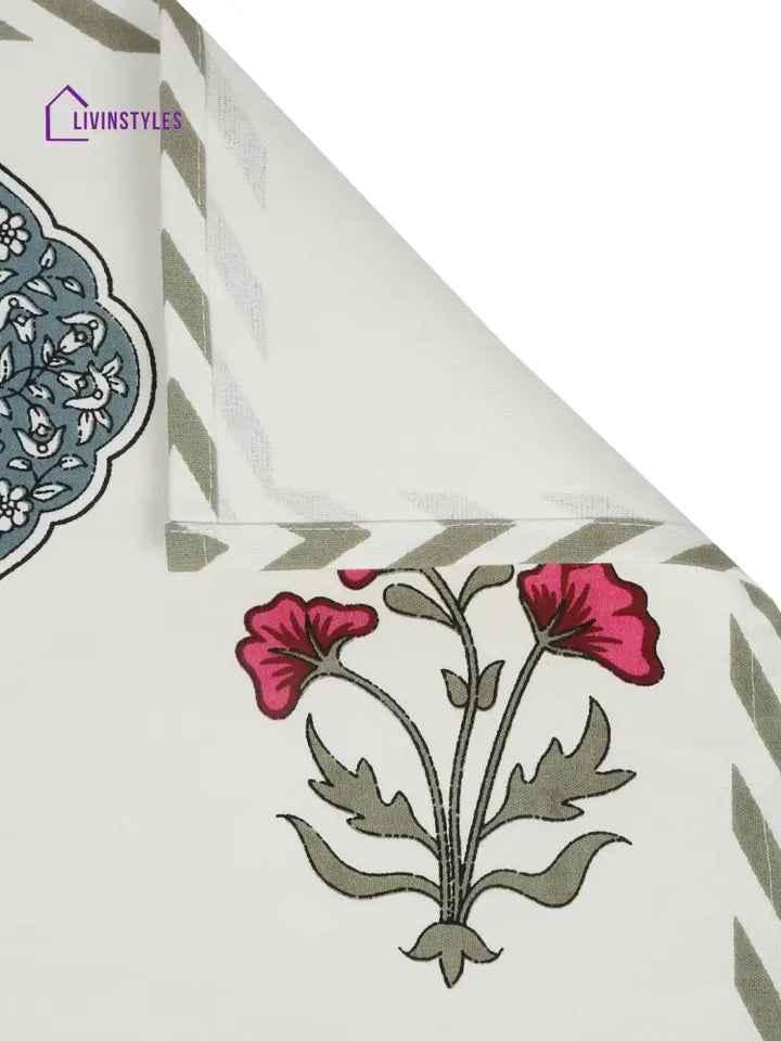 White And Green Set Of 7 Cotton Floral Printed Table Mat Runner