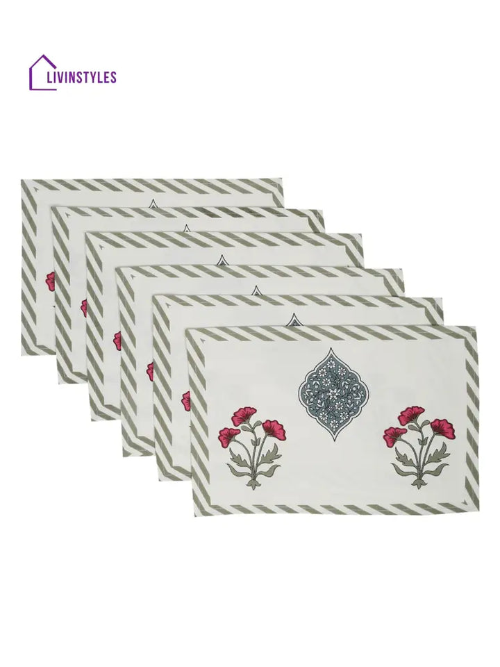 White And Green Set Of 7 Cotton Floral Printed Table Mat Runner