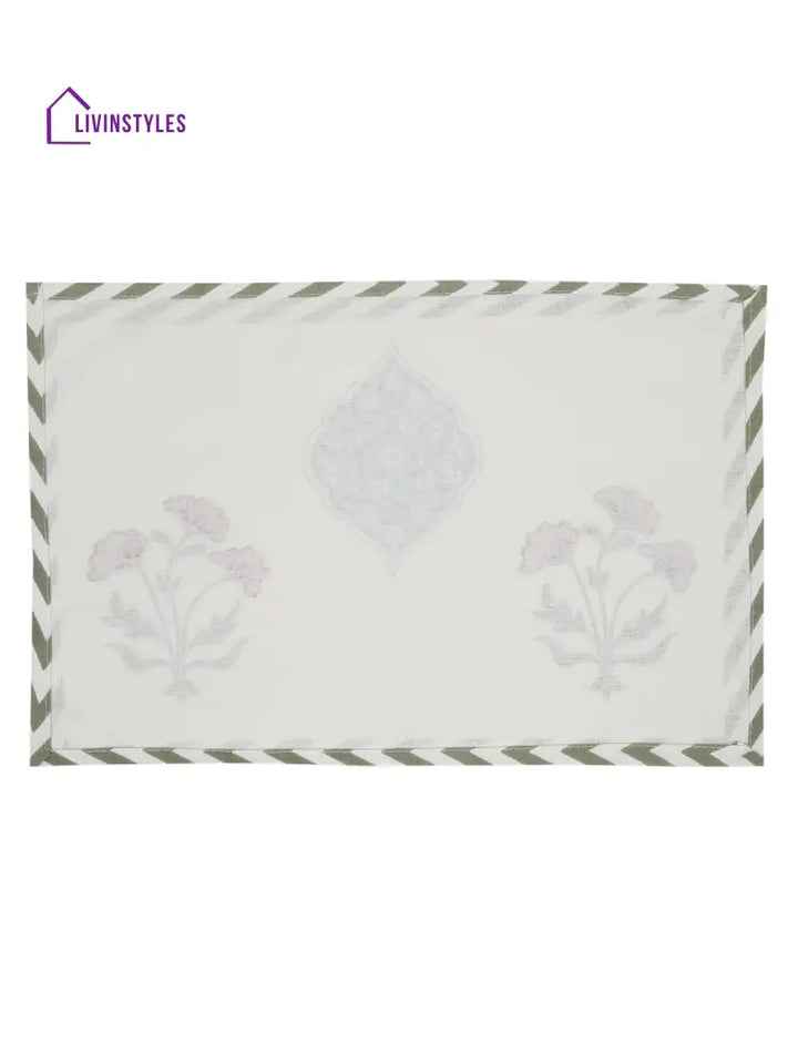 White And Green Set Of 7 Cotton Floral Printed Table Mat Runner