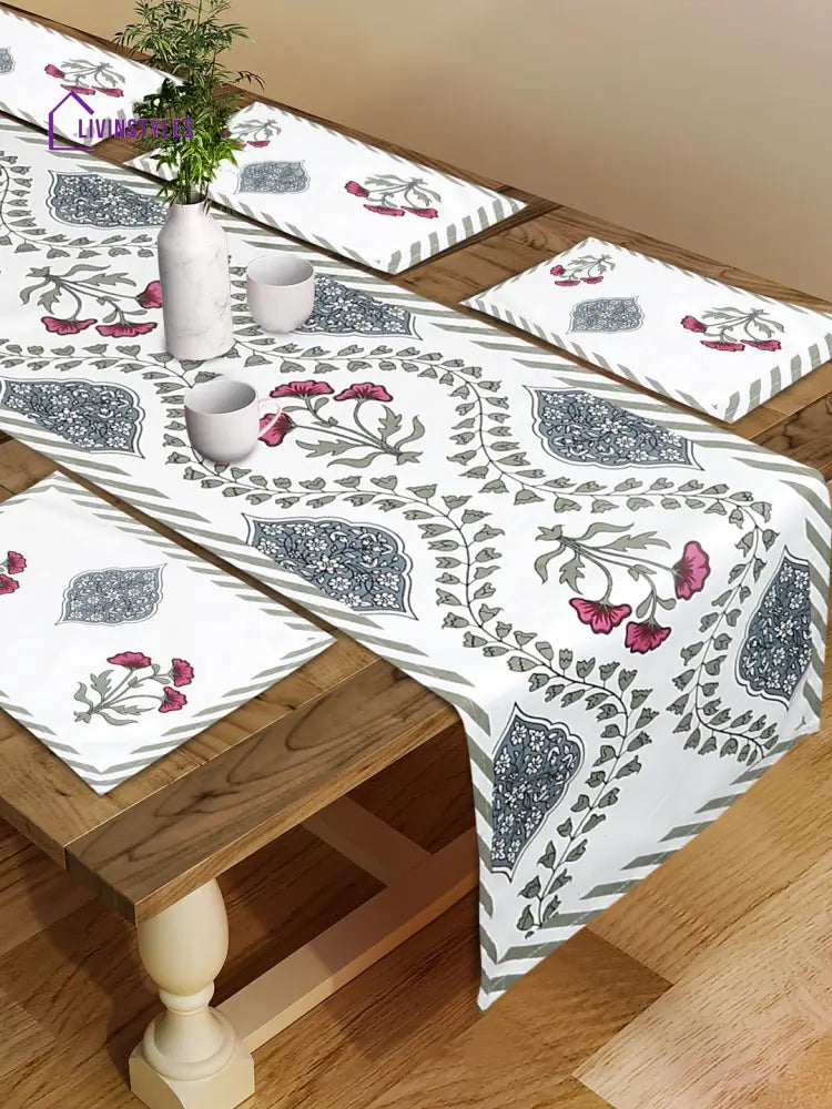 White And Green Set Of 7 Cotton Floral Printed Table Mat Runner