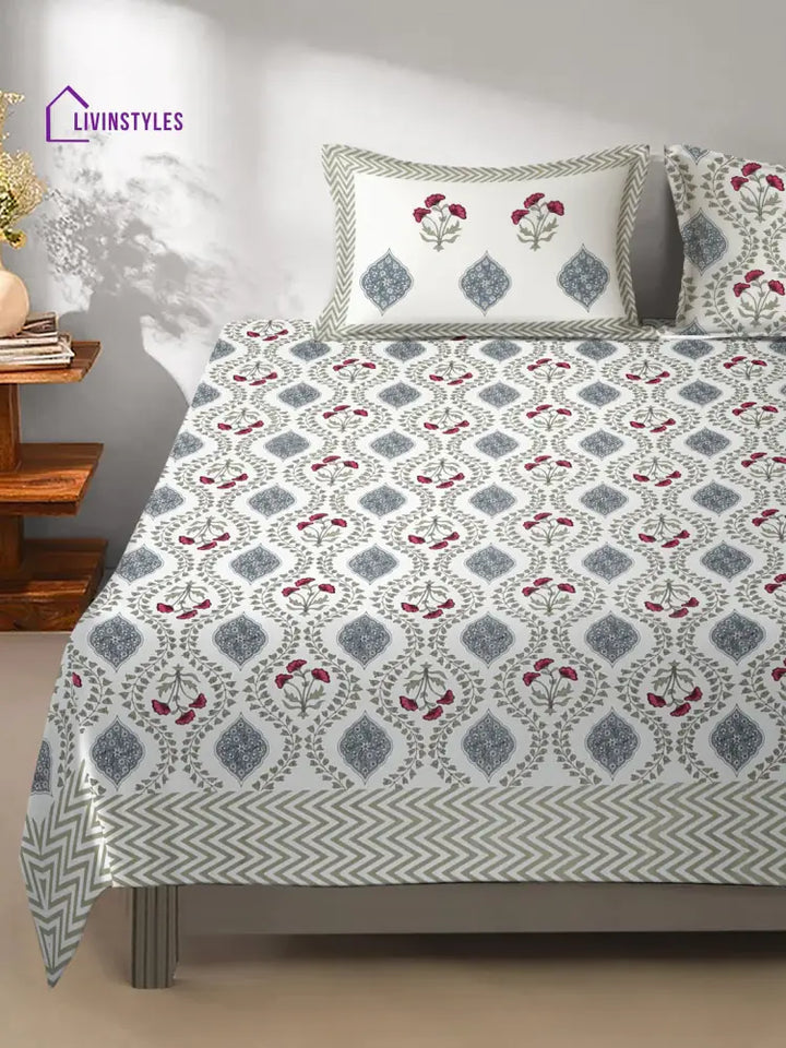 White And Grey Cotton Jaipur Floral Print King Size Bedsheet With 2 Pillow Covers